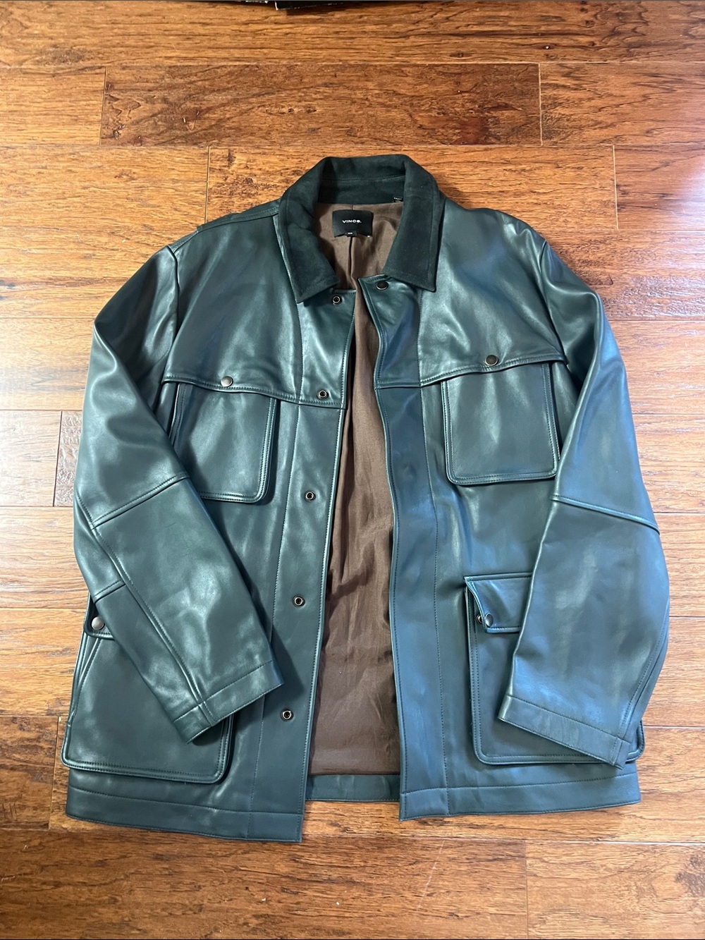 Vince Dark Green Leather Field Jacket with Flap Pockets